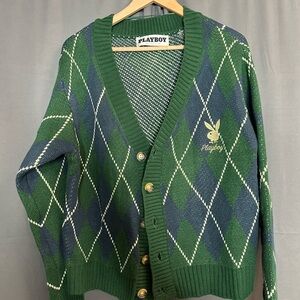 PLAYBOY Men's Green and Blue Argyle Cardigan